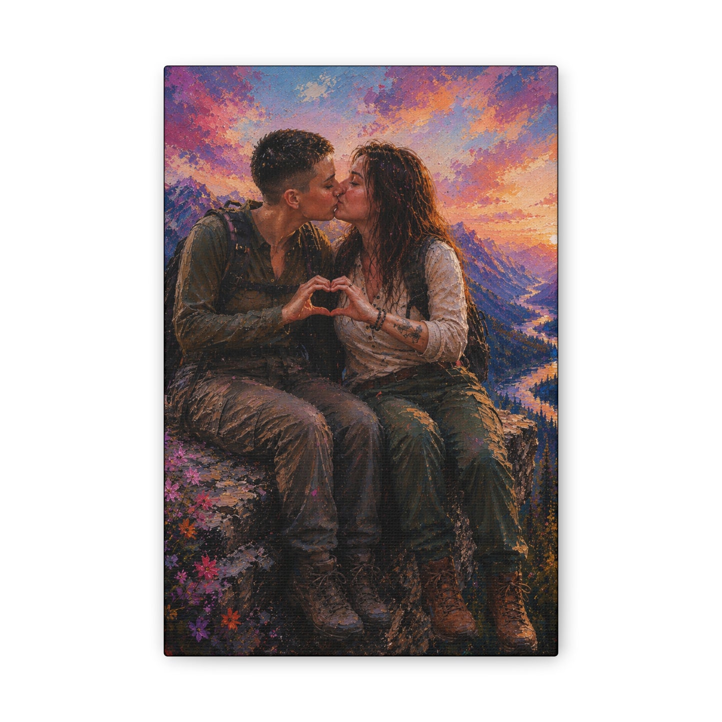 Love at the Summit – Romantic Mountain Adventure Couple Art Print