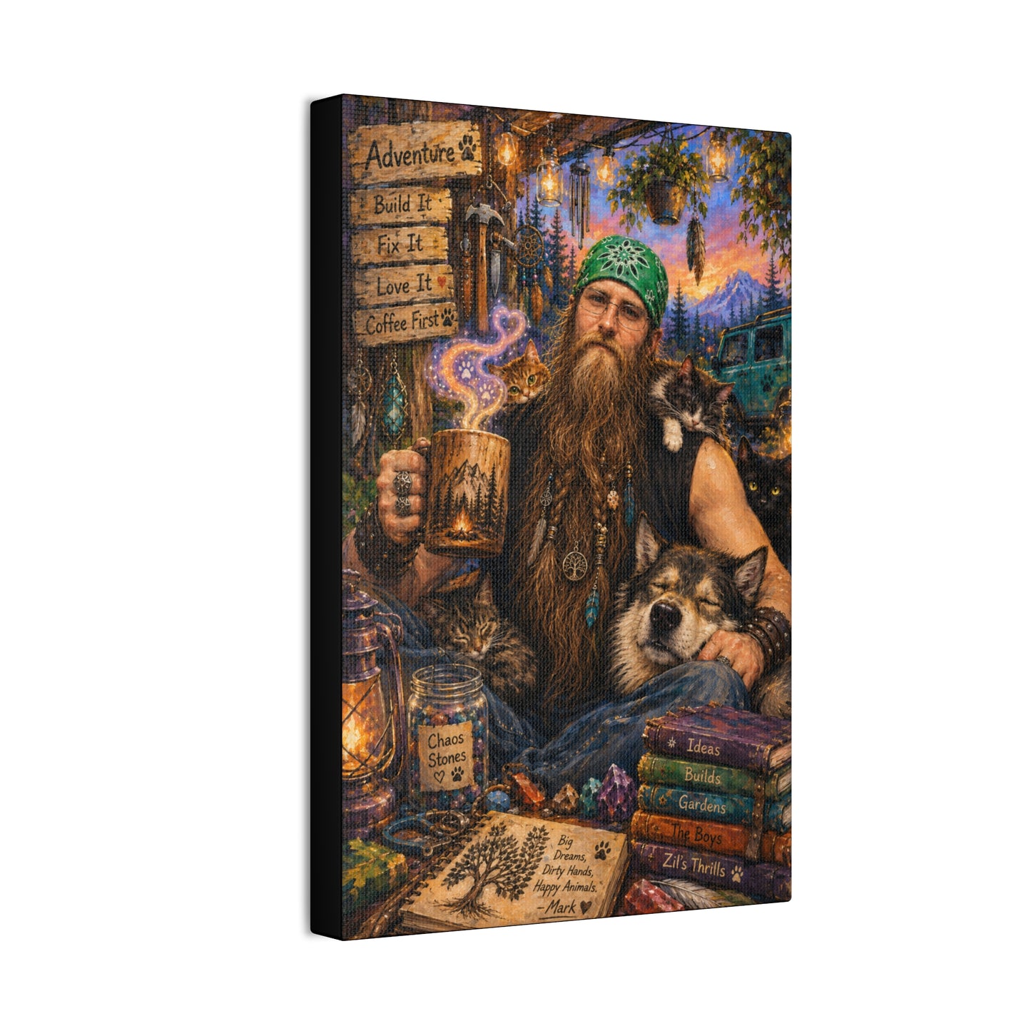 Coffee, Chaos & Critters – Rugged Adventure Animal Lover Art Print