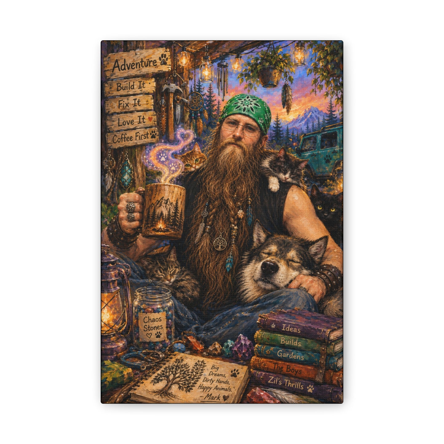 Coffee, Chaos & Critters – Rugged Adventure Animal Lover Art Print