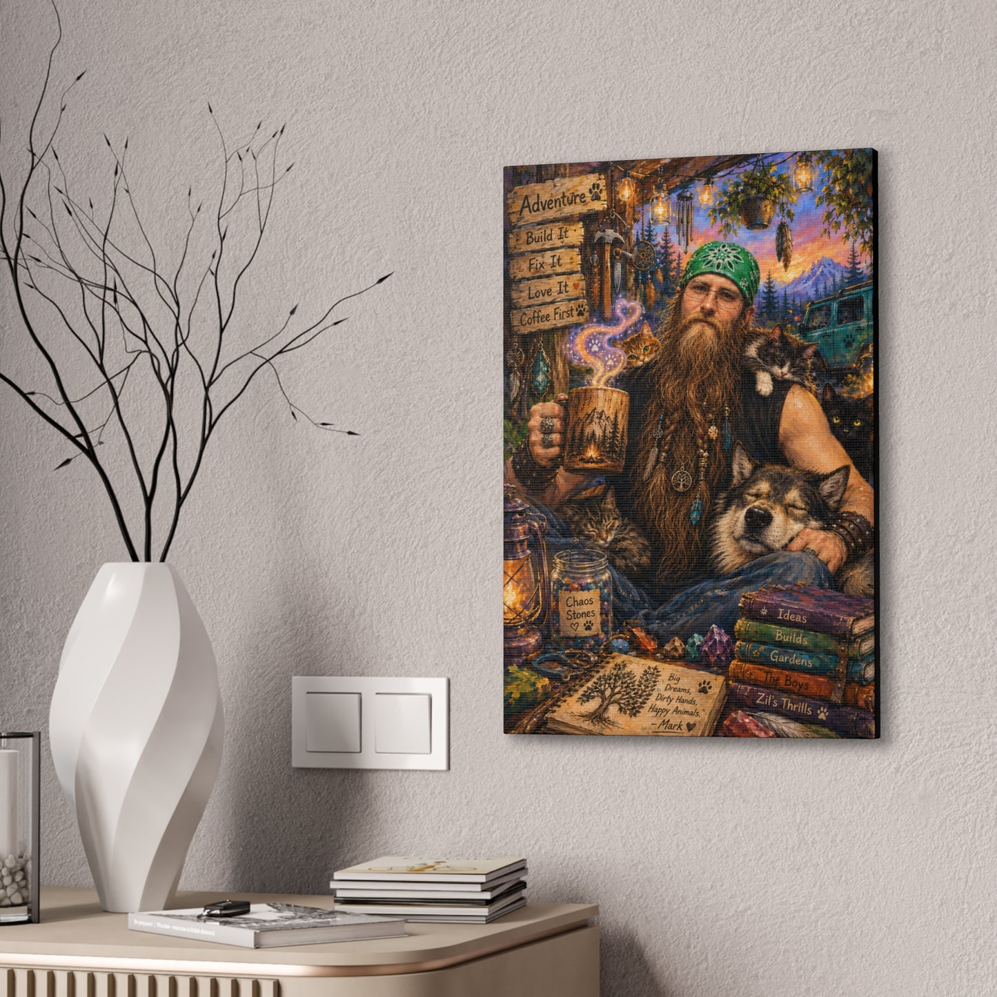 Coffee, Chaos & Critters – Rugged Adventure Animal Lover Art Print