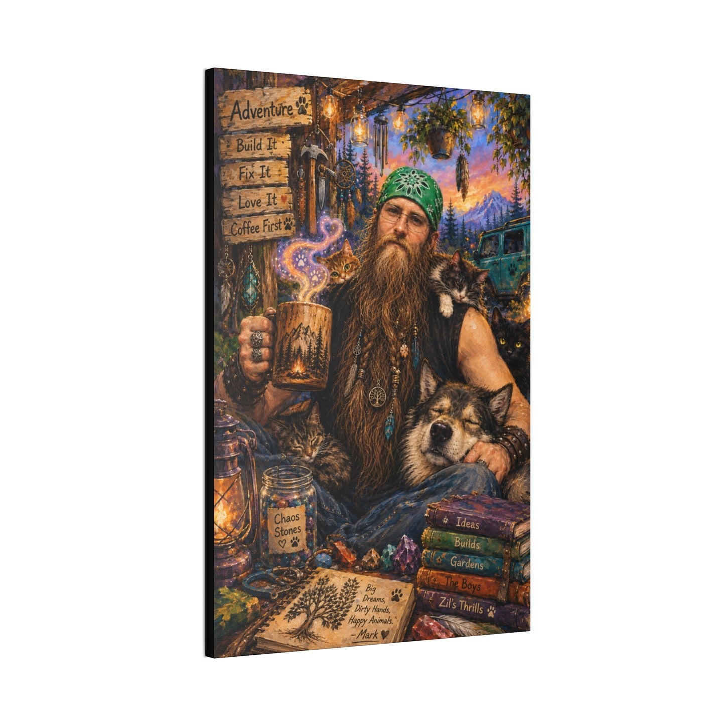 Coffee, Chaos & Critters – Rugged Adventure Animal Lover Art Print