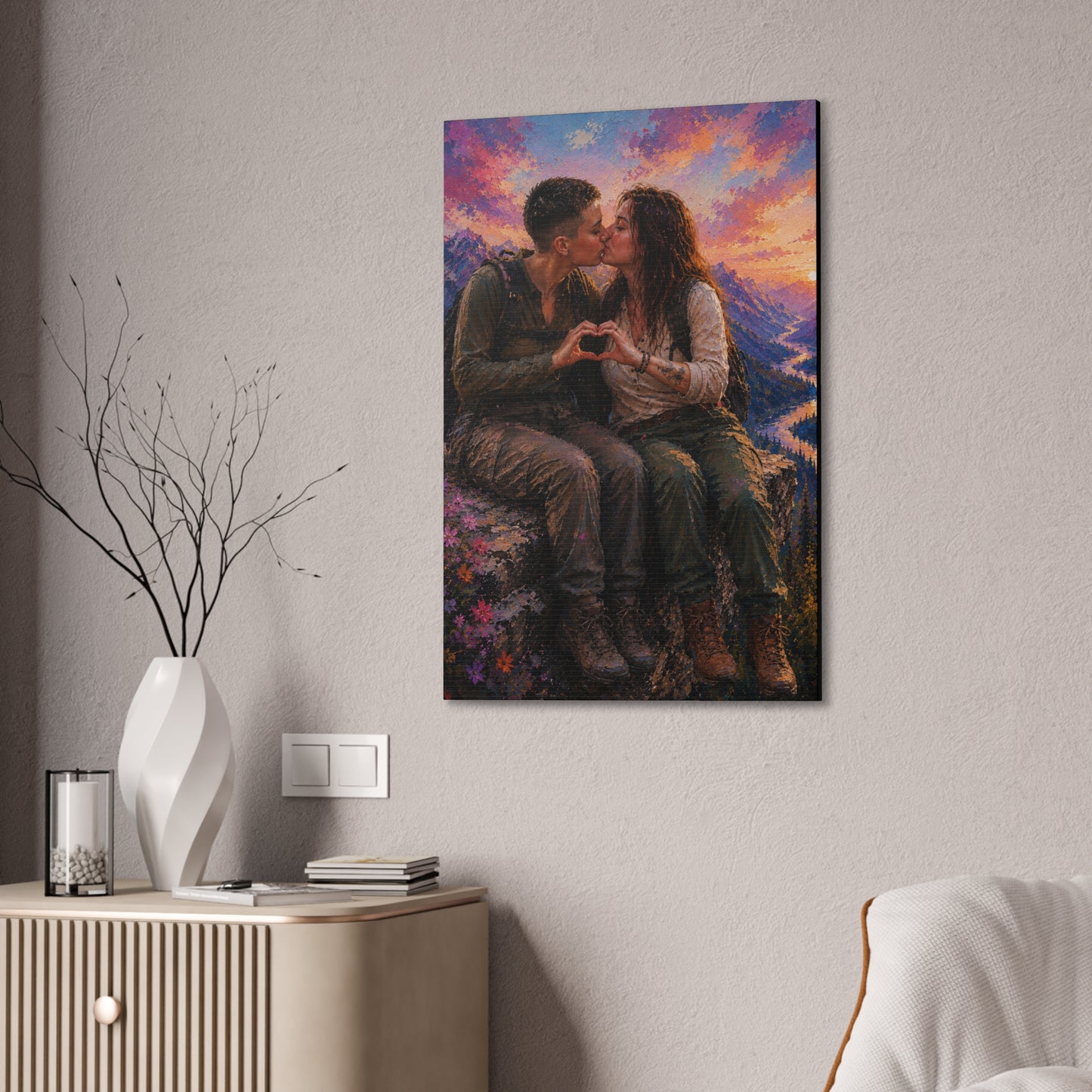 Love at the Summit – Romantic Mountain Adventure Couple Art Print