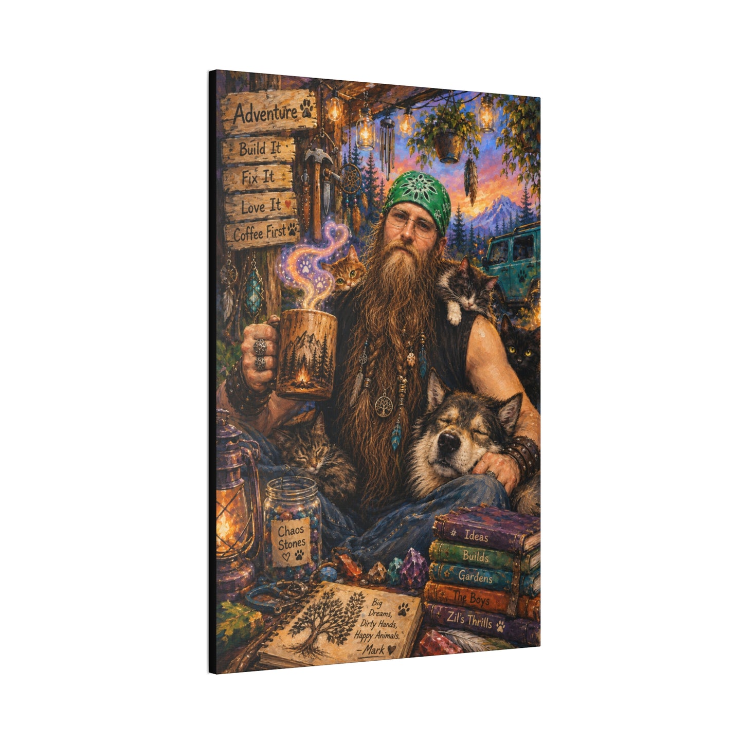 Coffee, Chaos & Critters – Rugged Adventure Animal Lover Art Print