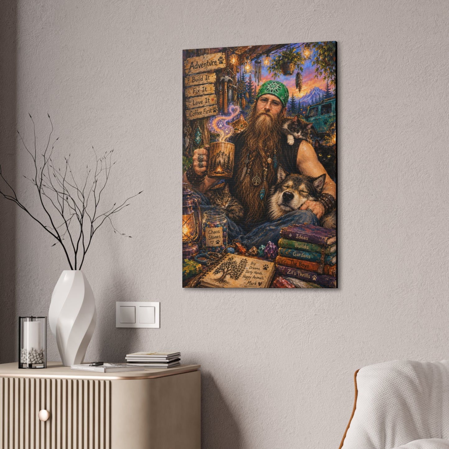 Coffee, Chaos & Critters – Rugged Adventure Animal Lover Art Print