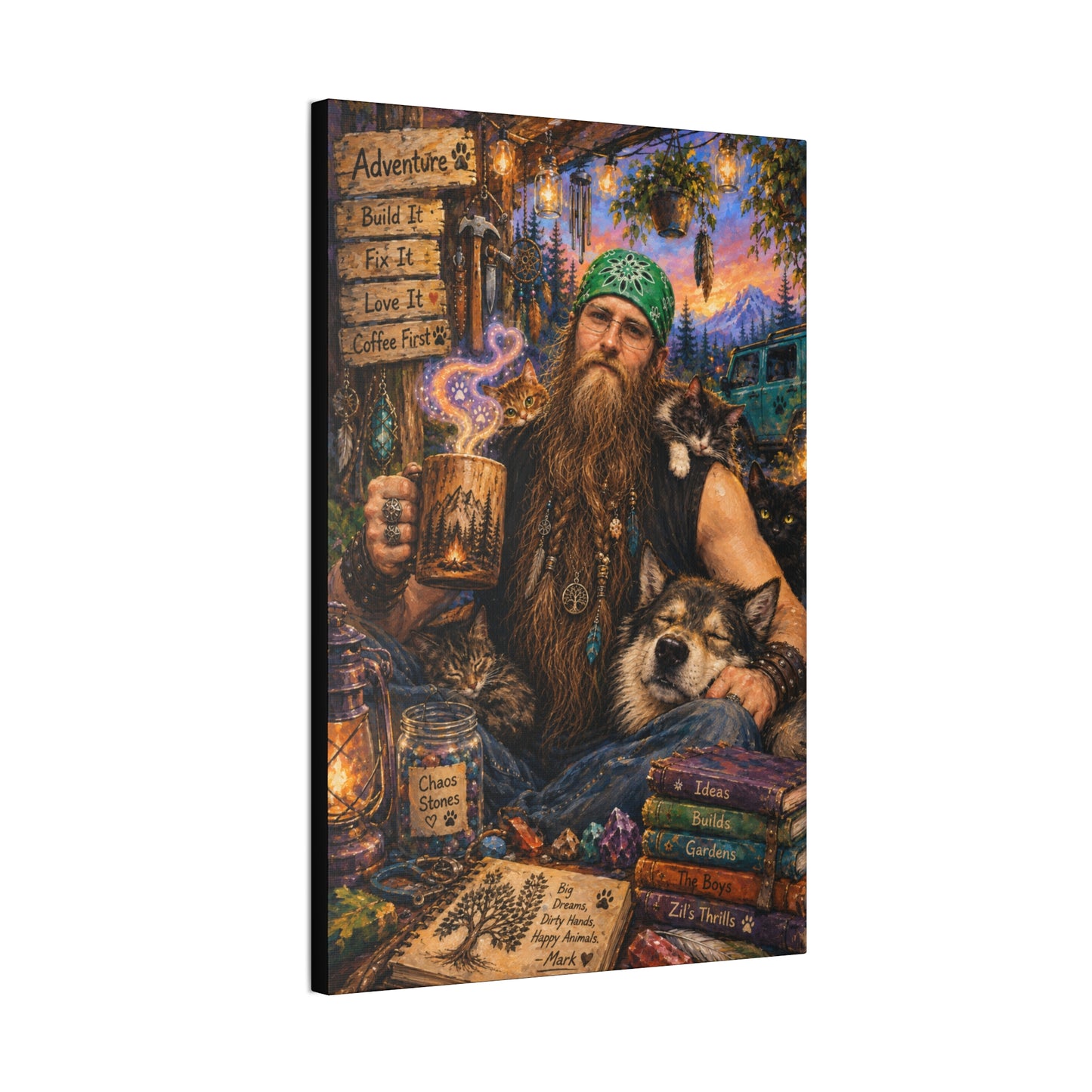 Coffee, Chaos & Critters – Rugged Adventure Animal Lover Art Print