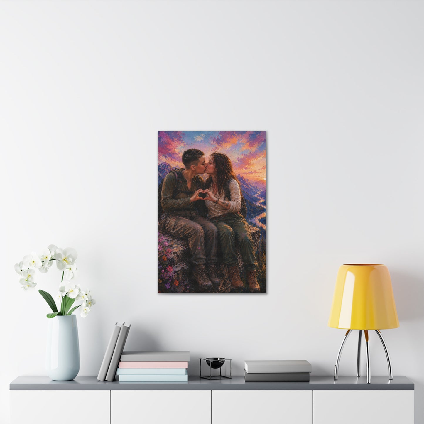 Love at the Summit – Romantic Mountain Adventure Couple Art Print