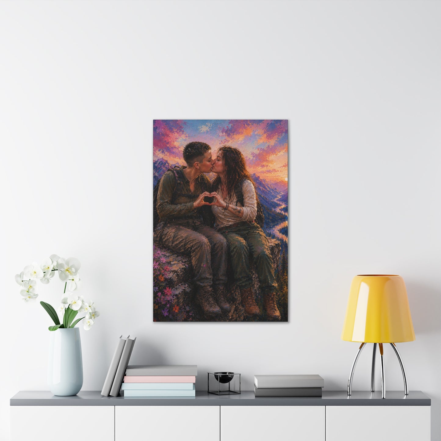 Love at the Summit – Romantic Mountain Adventure Couple Art Print