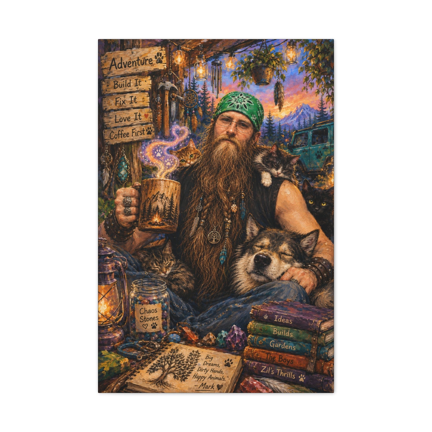 Coffee, Chaos & Critters – Rugged Adventure Animal Lover Art Print