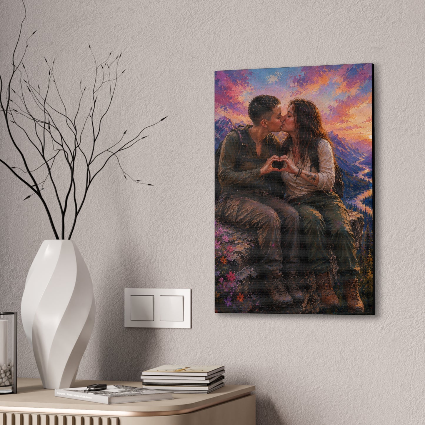Love at the Summit – Romantic Mountain Adventure Couple Art Print