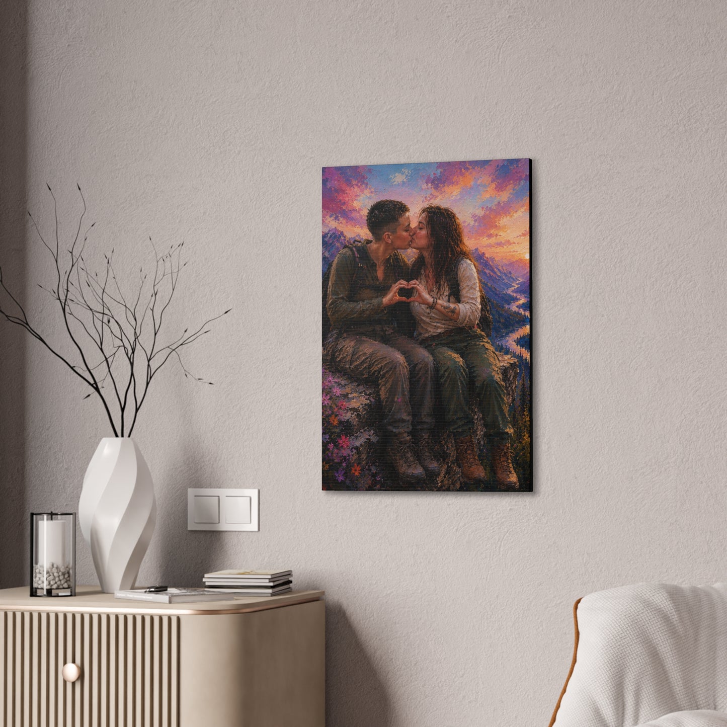 Love at the Summit – Romantic Mountain Adventure Couple Art Print